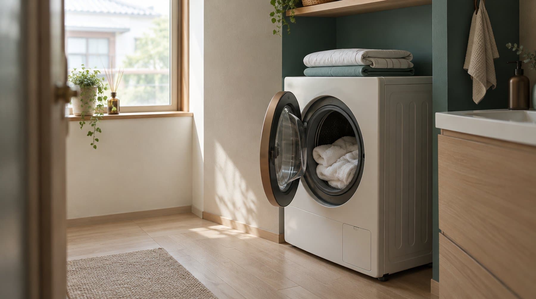 A compact washer-dryer in a small washroom with folded sheets on top