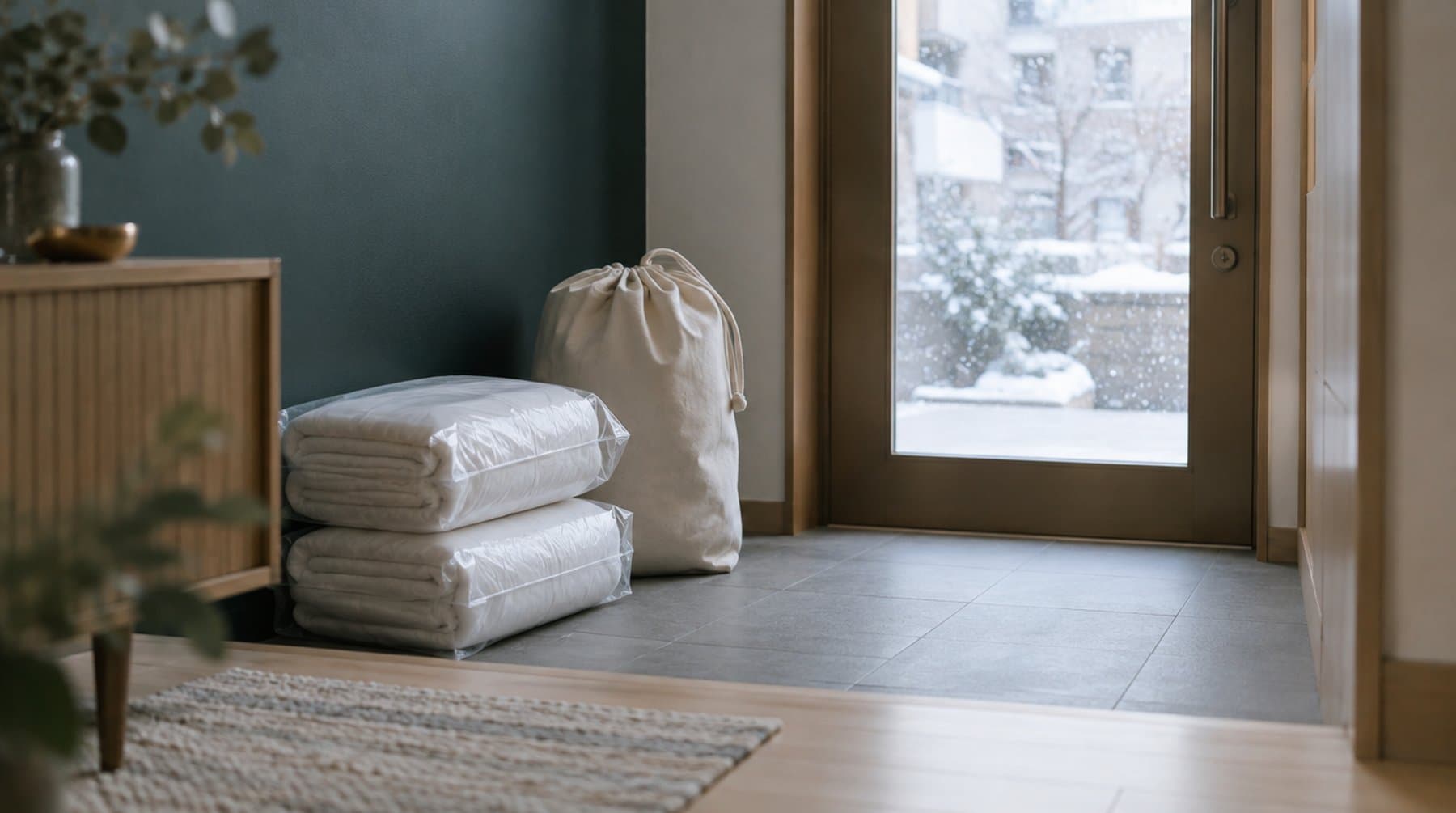 Bagged white linen and a canvas laundry bag by an entrance door with snow outside