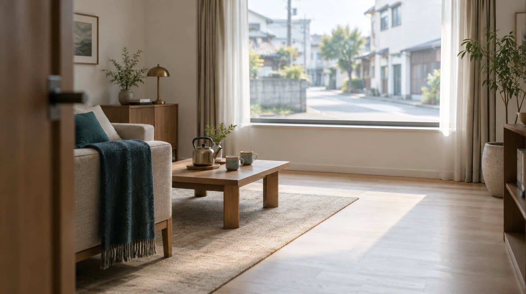 A window onto a quiet residential street, with a kettle and two mugs on a low table