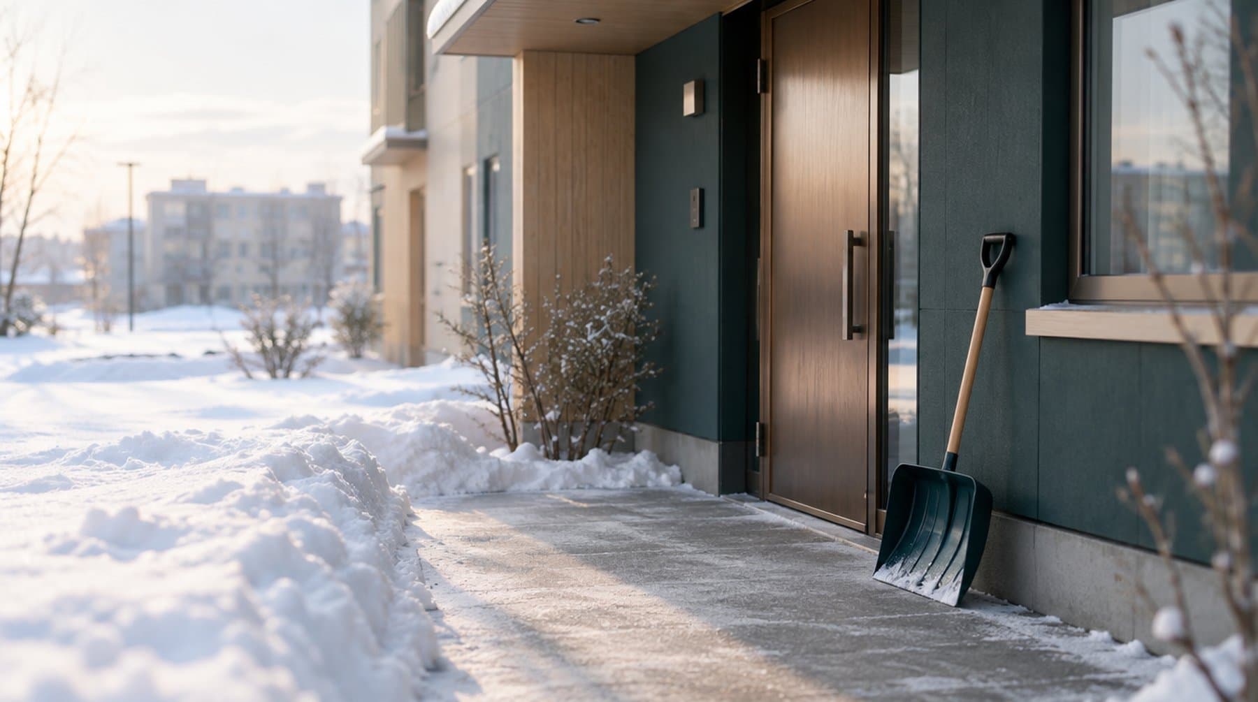 A cleared path on a winter morning, with a snow shovel leaning beside a doorway