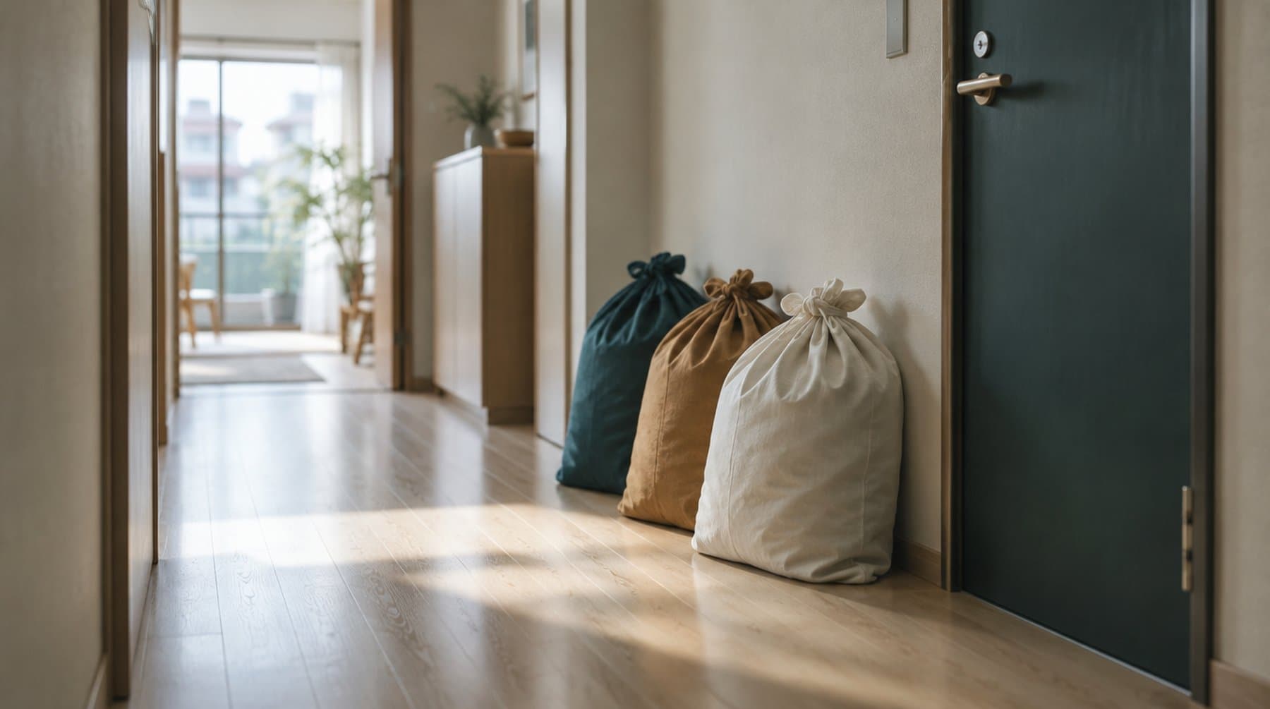Bags of used linen lined up beside an apartment door