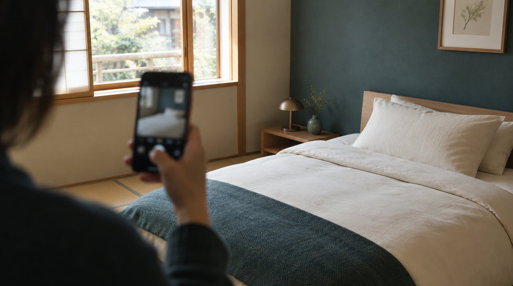 A hand photographing a freshly made bed with a phone