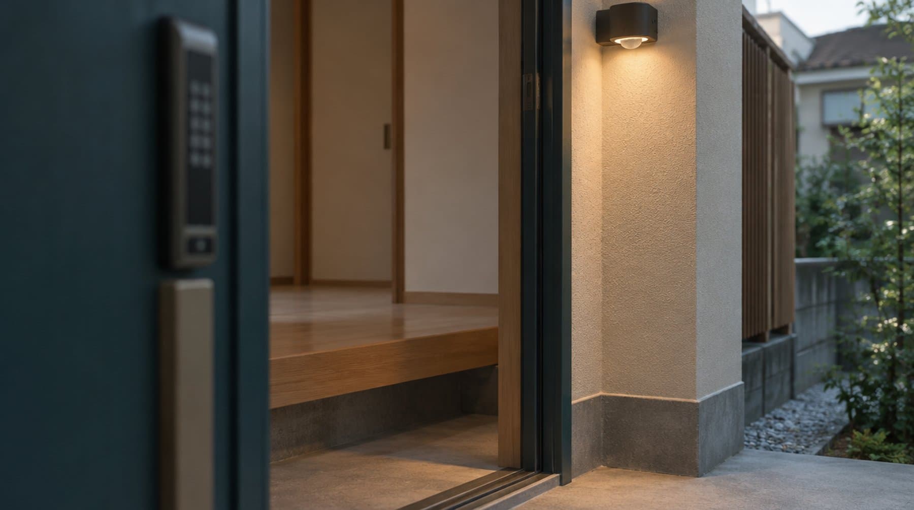 An entrance at dusk with a motion-sensor light switched on beside a keypad door