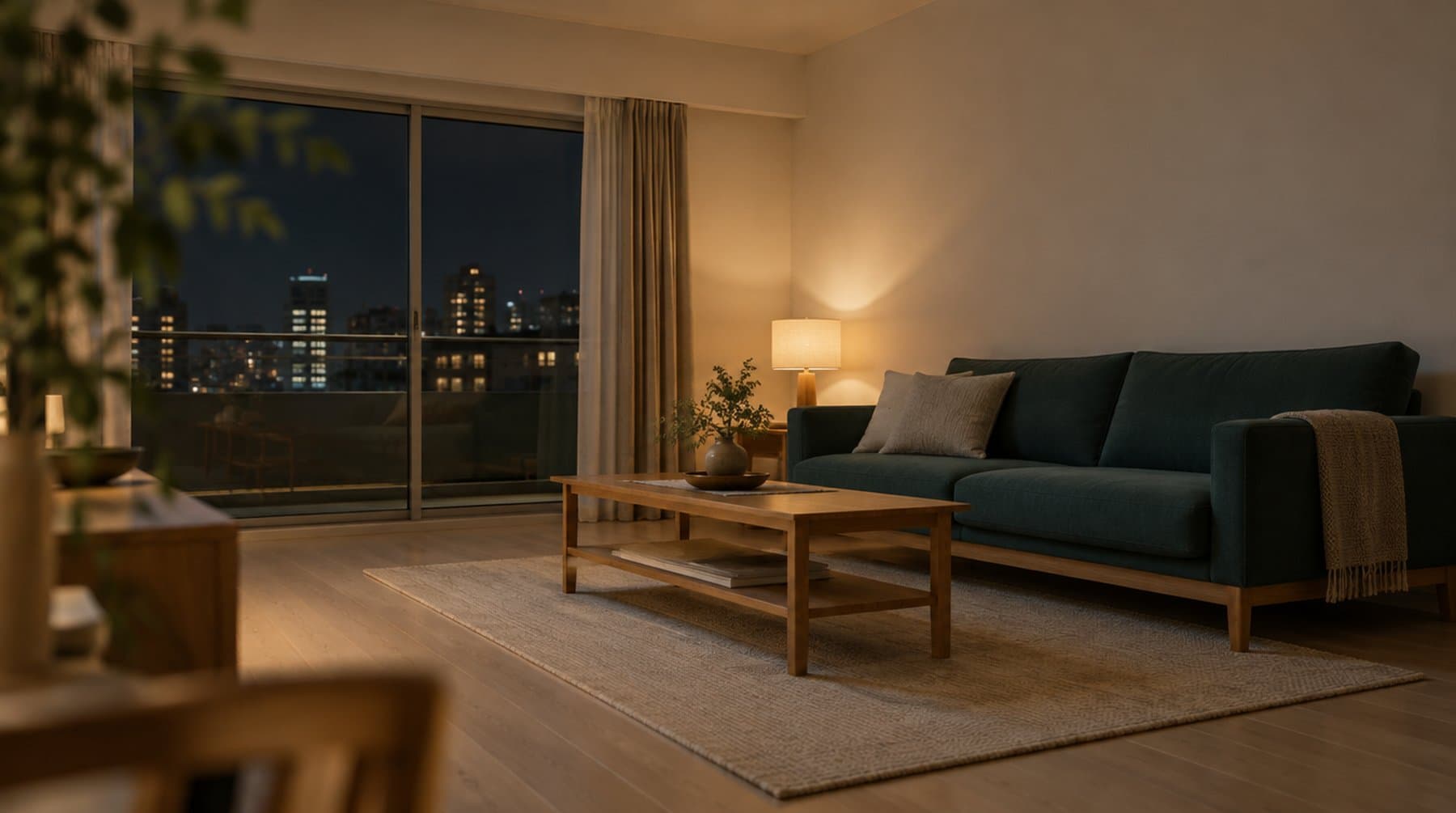 A quiet living room at night with a sofa and a low wooden table