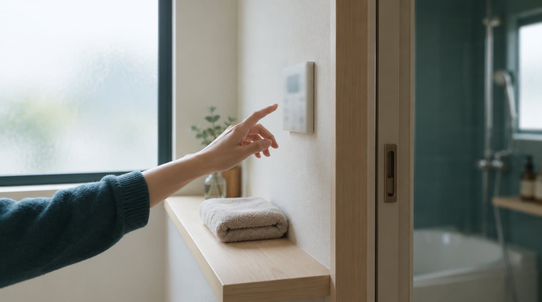 A hand reaching toward a small control panel beside a bathroom door, its display out of focus and unreadable