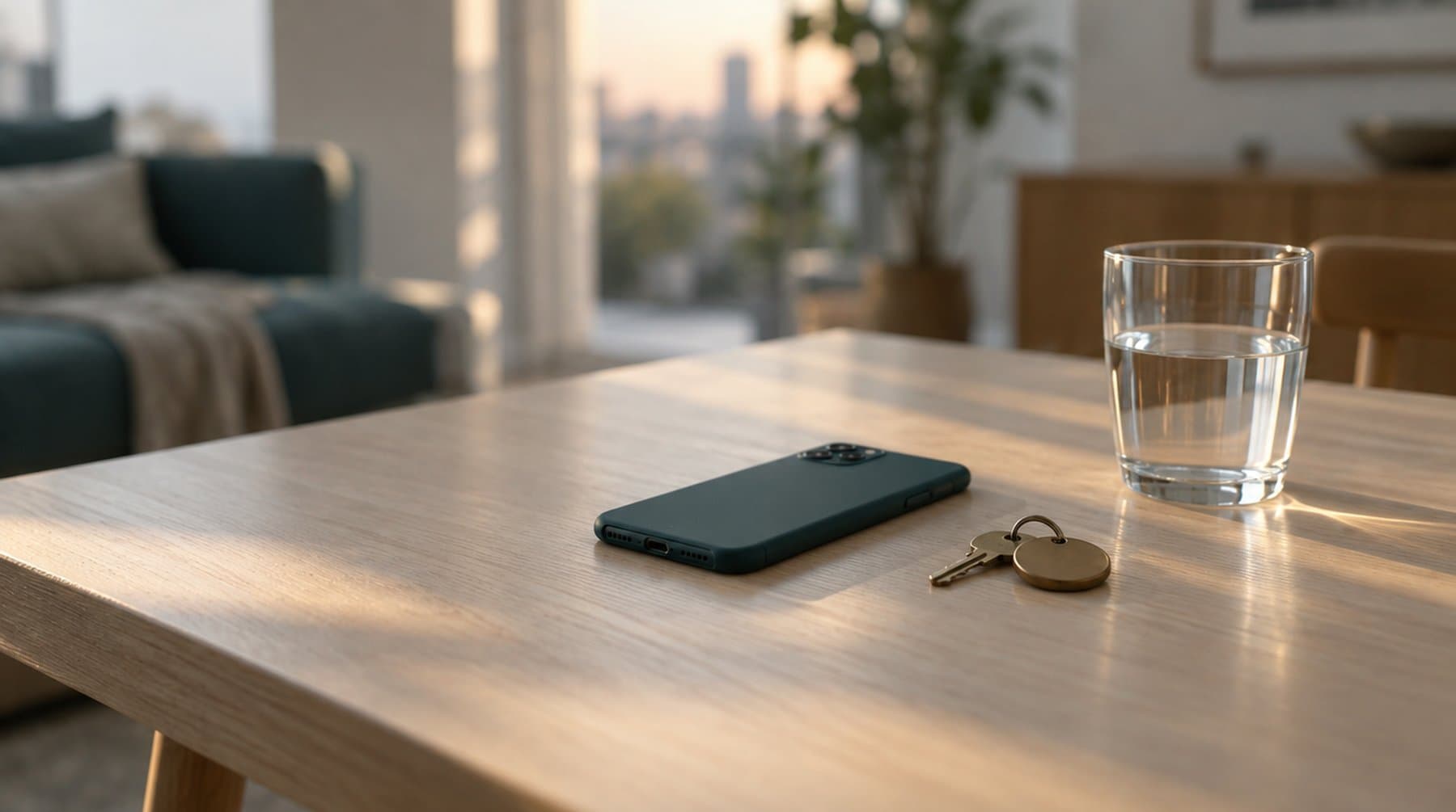 A phone face down on a pale wood table beside a glass and a key on a brass fob