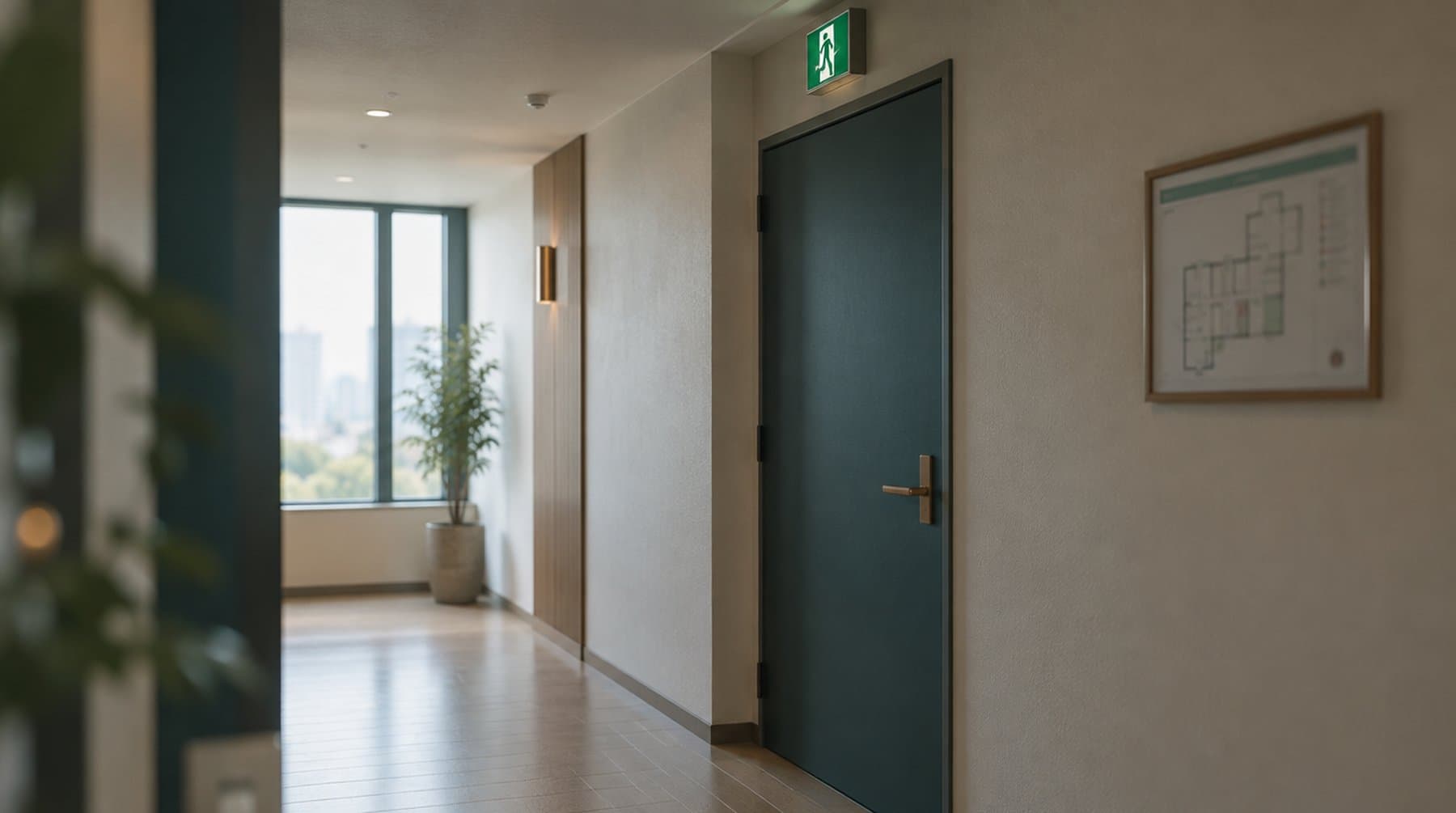 An exit light above a corridor door and an evacuation map