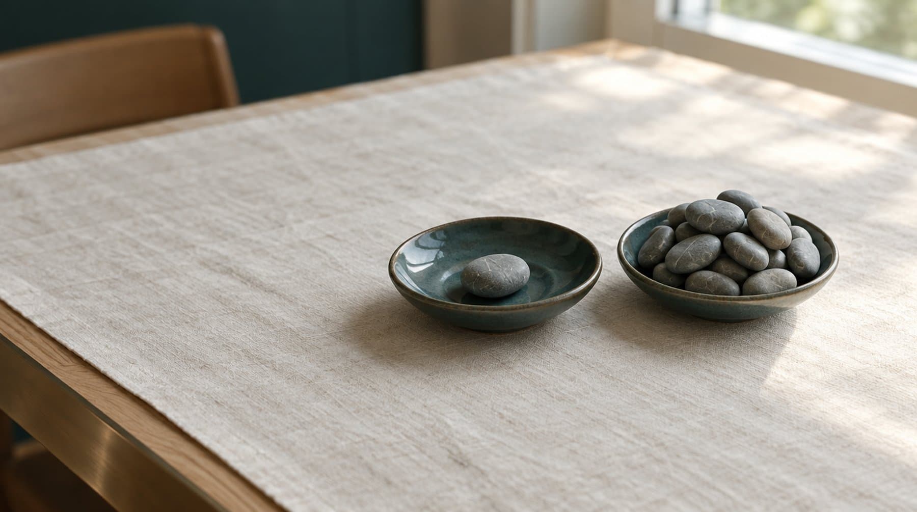 Two identical small dishes on a cream cloth, one holding a single pebble, the other heaped full