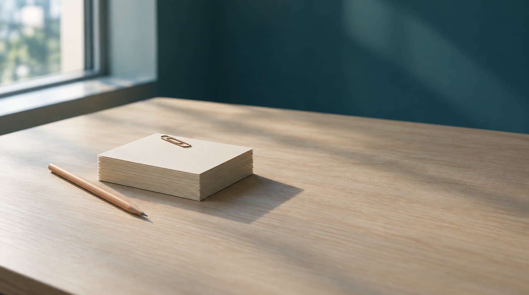 A squared-up stack of blank cards on a pale wood desk by a window, a brass clip on top and a pencil alongside