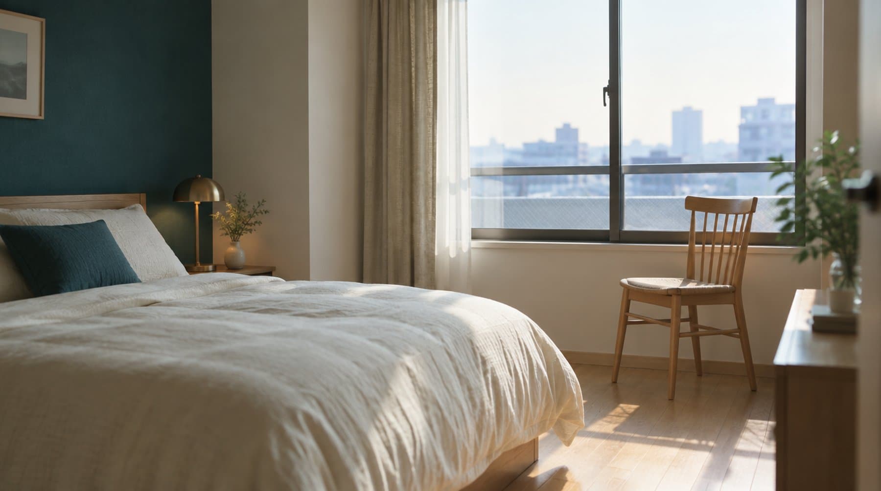 A made-up guest room in morning light, nobody in it