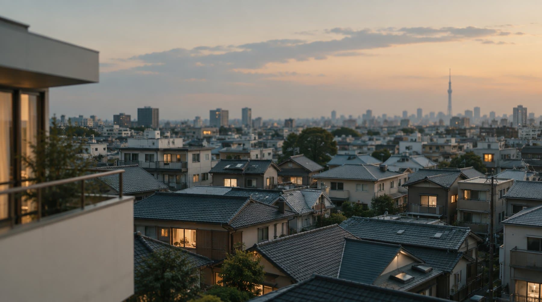 Low-rise Tokyo rooftops at dusk