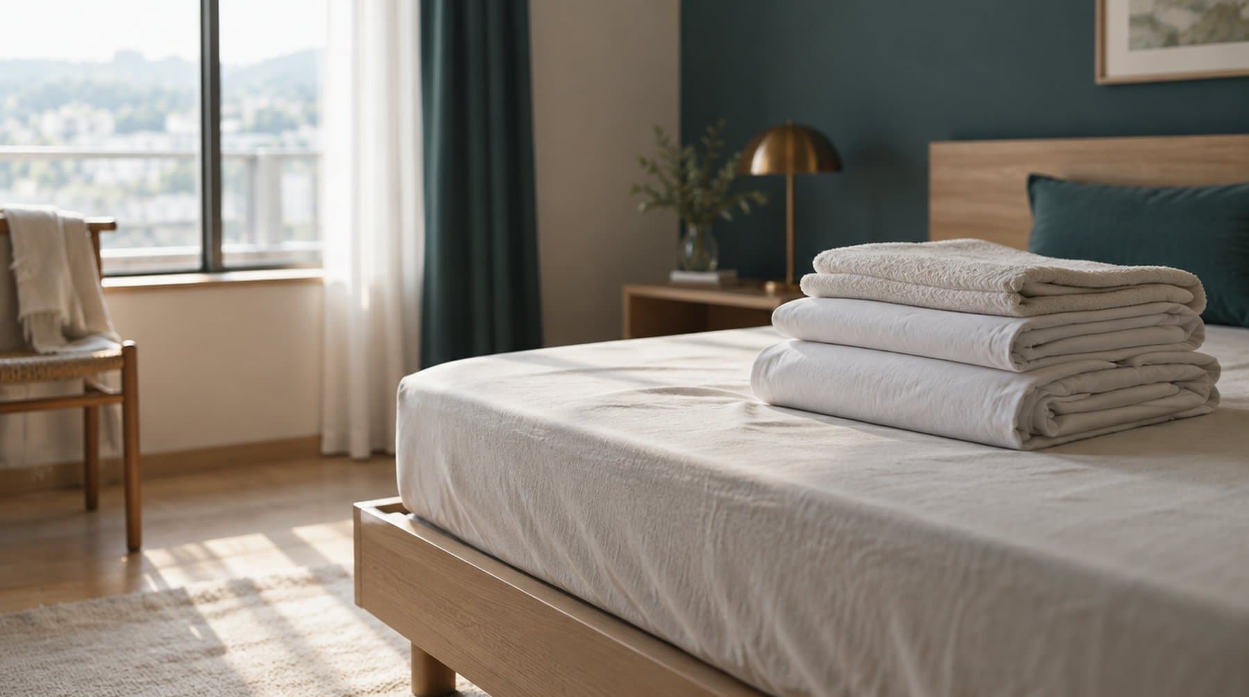 A stripped bed with fresh linen waiting on the mattress