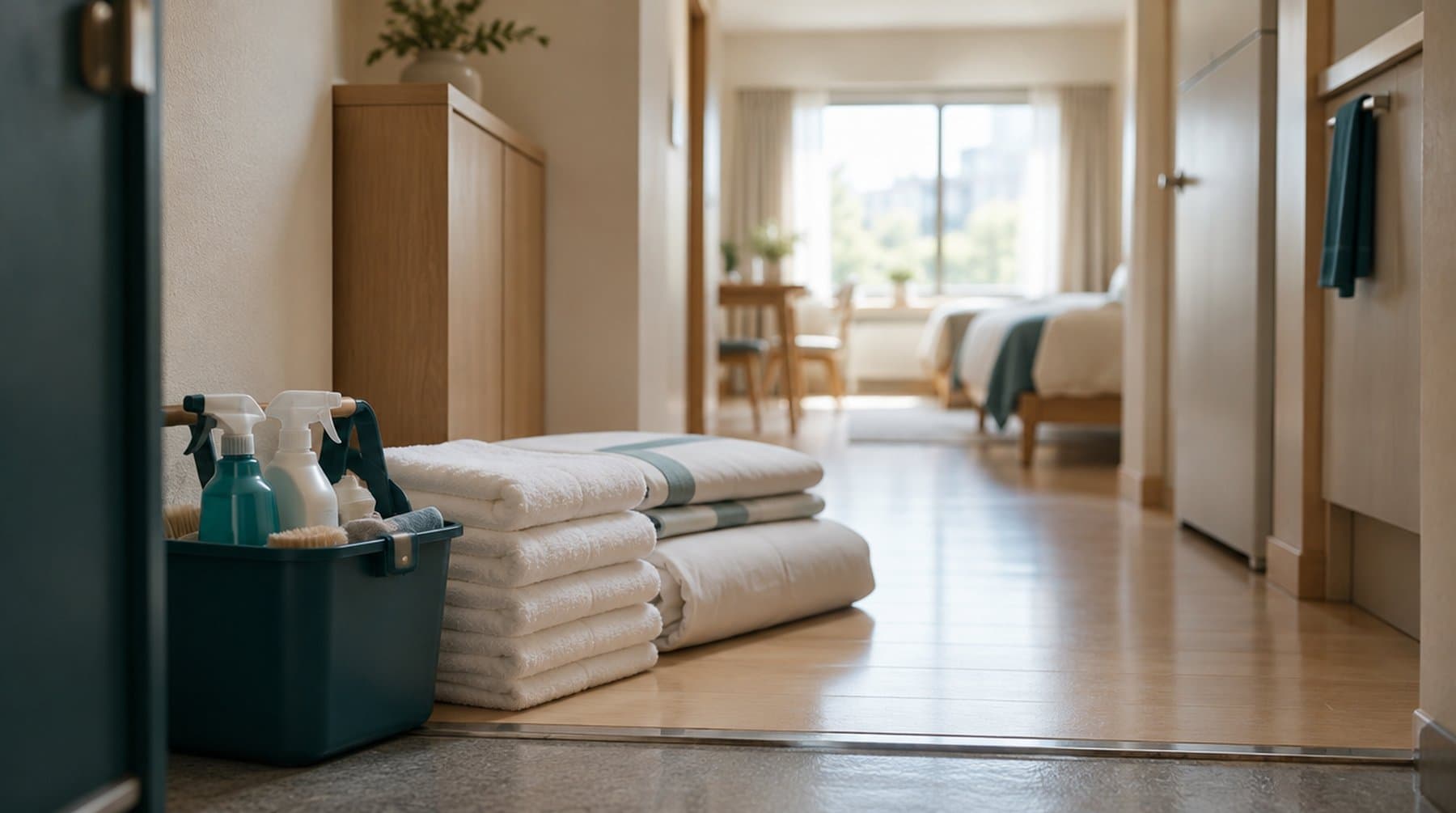 A cleaning caddy with folded towels and bed linen at an apartment entrance