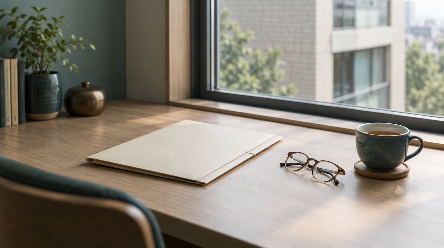 A document folder, reading glasses and tea on a desk by a window