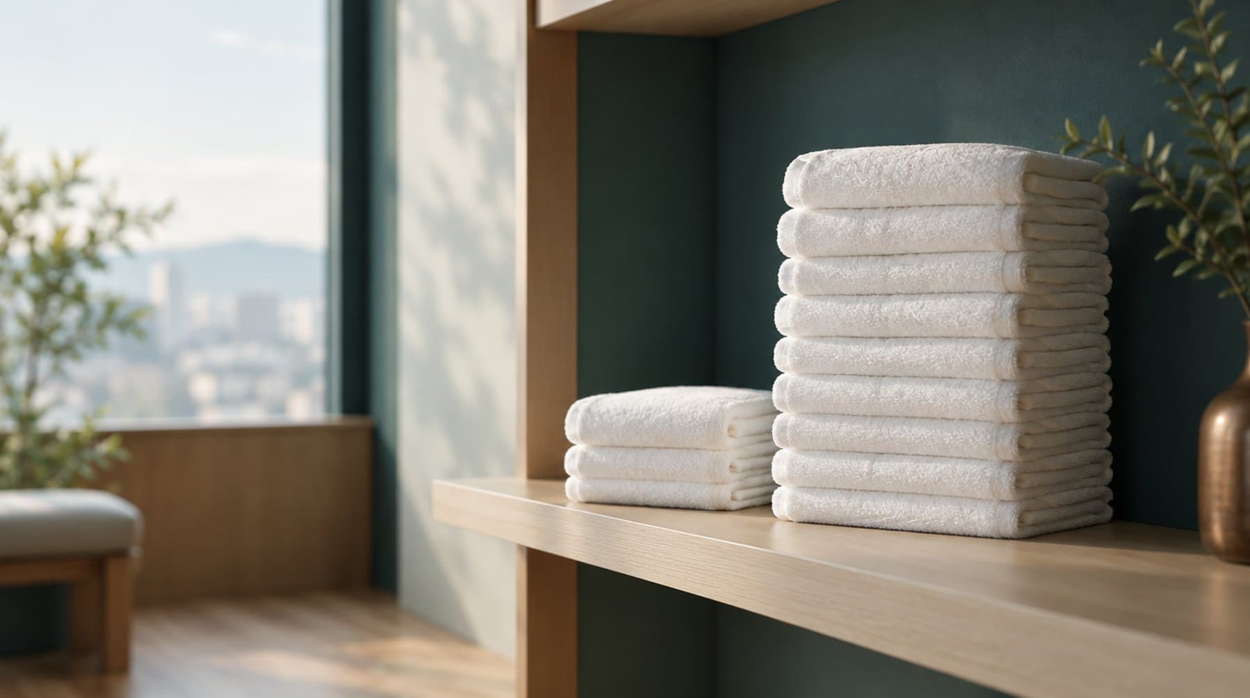 Two stacks of folded white towels of different heights on a pale wood shelf
