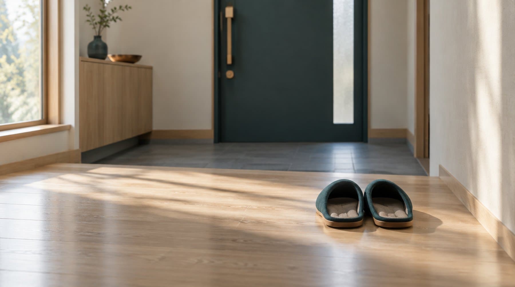 A pair of slippers set out neatly in a sunlit entryway